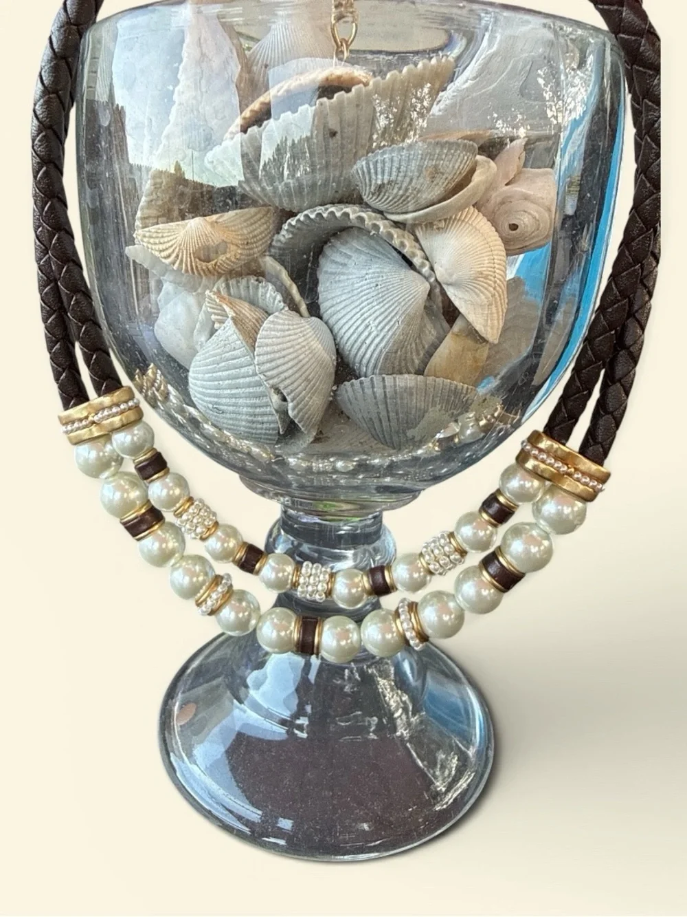 Chico's Brown Braided Leather Necklace with Pearl & Gold Accents